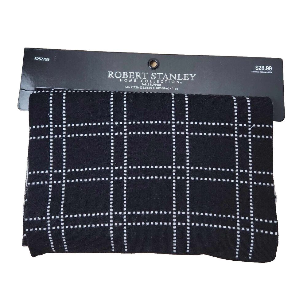 Robert Stanley Black White Plaid Check Grid Reversible Table Runner Scarf 14x72
